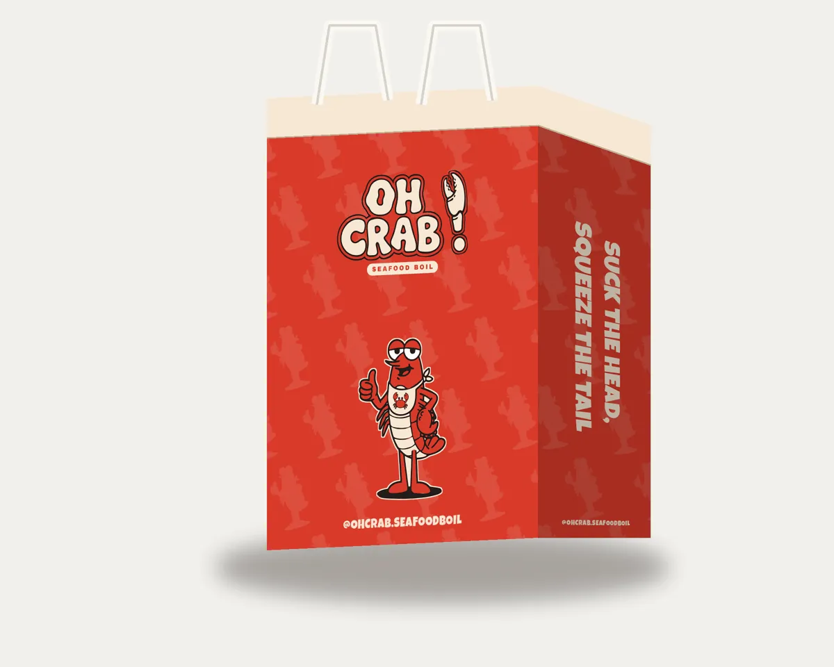 Red OH CRAB! insulated takeout bag with MUDBUG on the front
